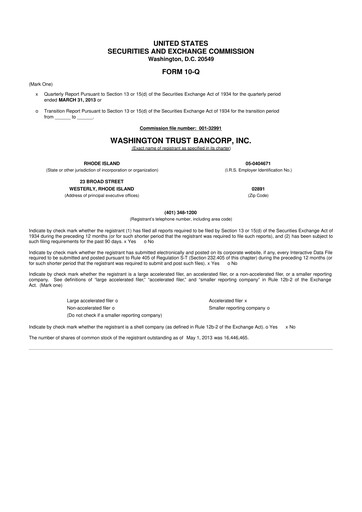 Thumbnail Washington Trust Bancorp 10-Q Quarterly Report FY 
