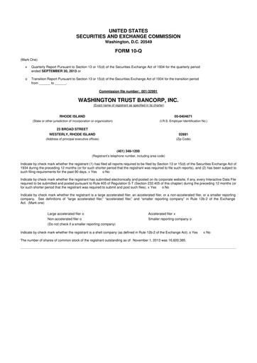 Thumbnail Washington Trust Bancorp 10-Q Quarterly Report FY 