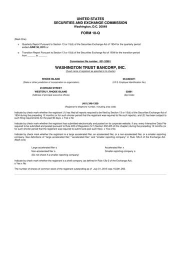 Thumbnail Washington Trust Bancorp 10-Q Quarterly Report FY 