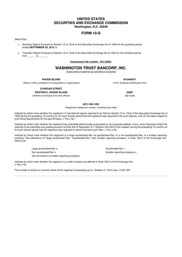 Thumbnail Washington Trust Bancorp 10-Q Quarterly Report FY 