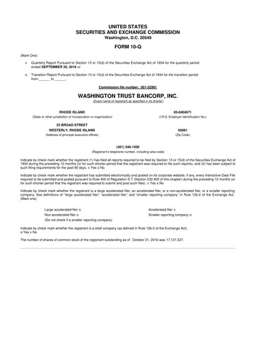 Thumbnail Washington Trust Bancorp 10-Q Quarterly Report FY 