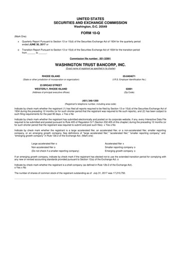 Thumbnail Washington Trust Bancorp 10-Q Quarterly Report FY 