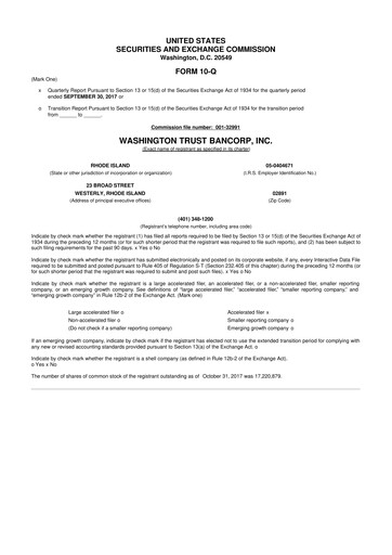 Thumbnail Washington Trust Bancorp 10-Q Quarterly Report FY 