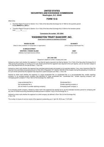 Thumbnail Washington Trust Bancorp 10-Q Quarterly Report FY 