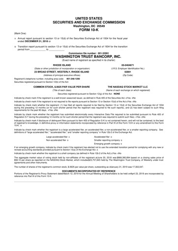 Thumbnail Washington Trust Bancorp 10-K Annual Report 