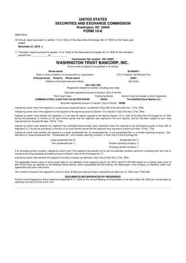 Thumbnail Washington Trust Bancorp 10-K Annual Report 