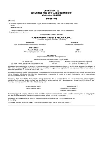 Thumbnail Washington Trust Bancorp 10-Q Quarterly Report FY 