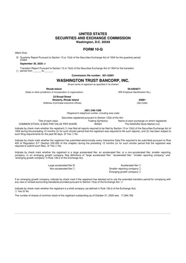 Thumbnail Washington Trust Bancorp 10-Q Quarterly Report FY 