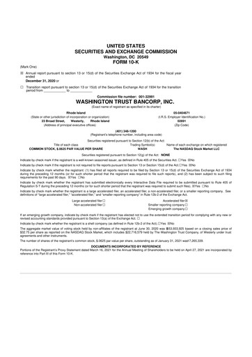Thumbnail Washington Trust Bancorp 10-K Annual Report 