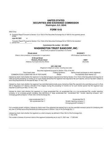 Thumbnail Washington Trust Bancorp 10-Q Quarterly Report FY 