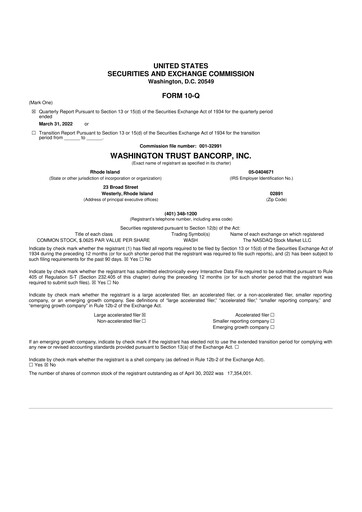 Thumbnail Washington Trust Bancorp 10-Q Quarterly Report FY 