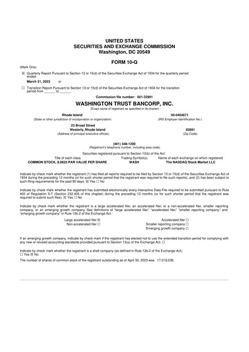 Thumbnail Washington Trust Bancorp 10-Q Quarterly Report FY 