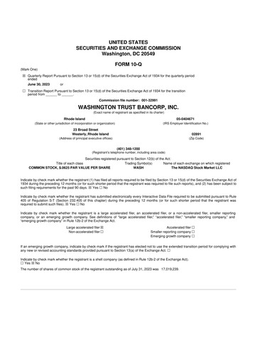 Thumbnail Washington Trust Bancorp 10-Q Quarterly Report FY 