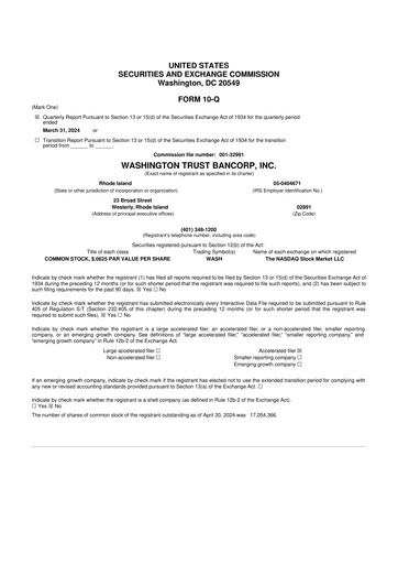Thumbnail Washington Trust Bancorp 10-Q Quarterly Report FY 