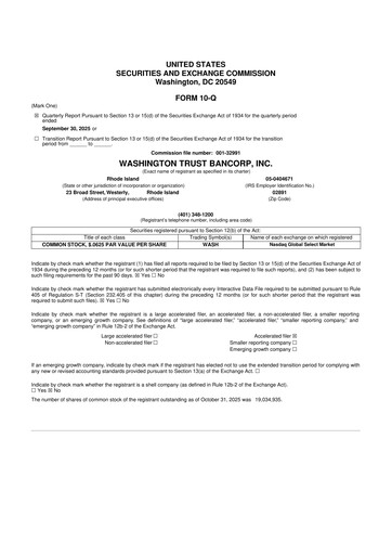 Thumbnail Washington Trust Bancorp 10-Q Quarterly Report FY 