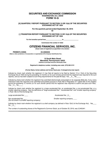 Vorschaubild Citizens Financial Services 10-Q Quartalsbericht 2016 