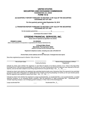 Vorschaubild Citizens Financial Services 10-Q Quartalsbericht 2019 