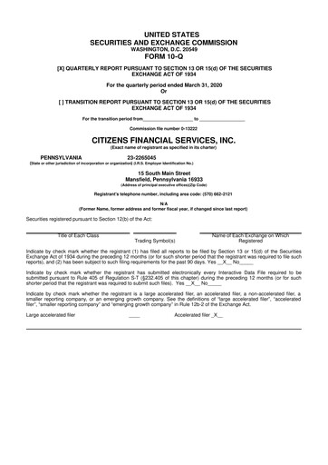 Vorschaubild Citizens Financial Services 10-Q Quartalsbericht 2020 