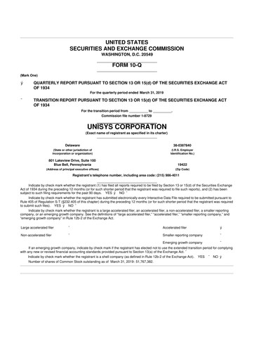 Thumbnail Unisys 10-Q Quarterly Report FY2019 