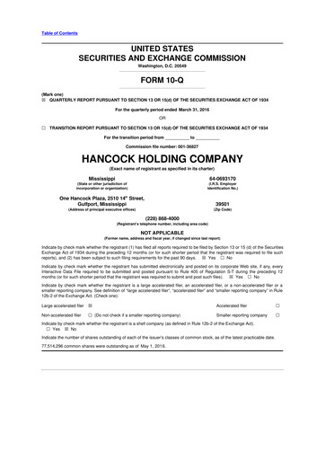 Thumbnail Hancock Whitney 10-Q Quarterly Report FY2016 