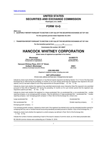 Thumbnail Hancock Whitney 10-Q Quarterly Report FY2018 