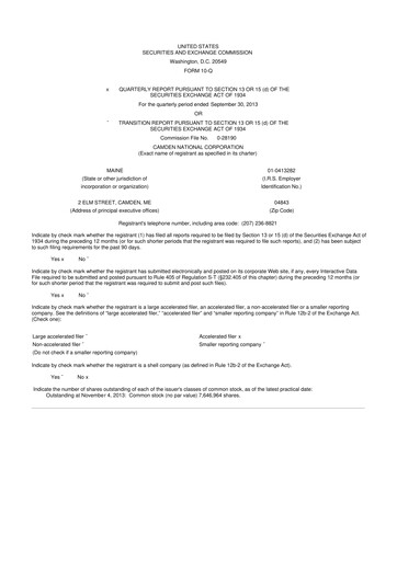 Thumbnail Camden National Corporation
 10-Q Quarterly Report FY2013 