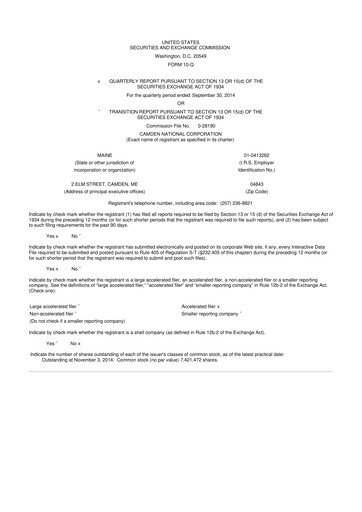 Thumbnail Camden National Corporation
 10-Q Quarterly Report FY2014 