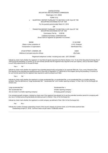Thumbnail Camden National Corporation
 10-Q Quarterly Report FY2018 