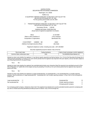 Thumbnail Camden National Corporation
 10-Q Quarterly Report FY2020 