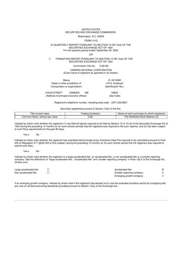 Thumbnail Camden National Corporation
 10-Q Quarterly Report FY2020 