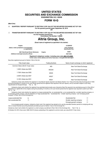 Vorschaubild Altria Group 10-Q Quartalsbericht 2019 
