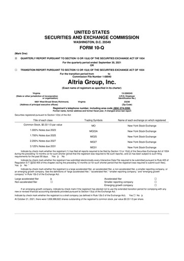 Vorschaubild Altria Group 10-Q Quartalsbericht 2021 