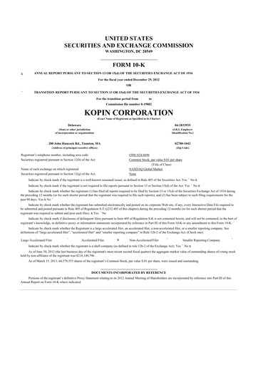 Thumbnail Kopin Corporation
 10-K Annual Report 2012
