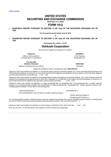 Thumbnail Oshkosh Corporation
 10-Q Quarterly Report FY2018 