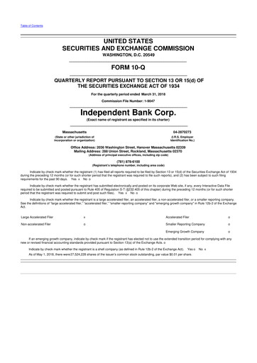 Thumbnail Independent Bank Corp. 10-Q Quarterly Report FY2018 