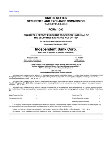 Thumbnail Independent Bank Corp. 10-Q Quarterly Report FY2018 