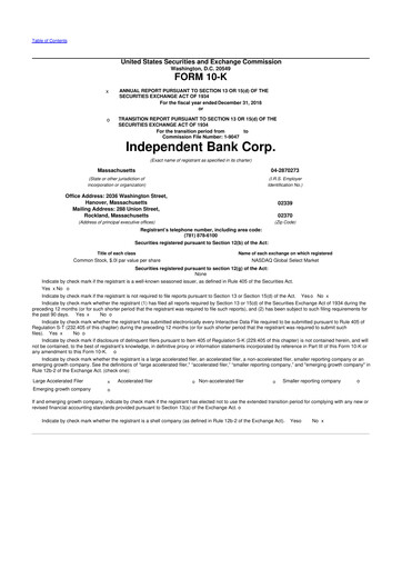 Thumbnail Independent Bank Corp. 10-K Annual Report 2018