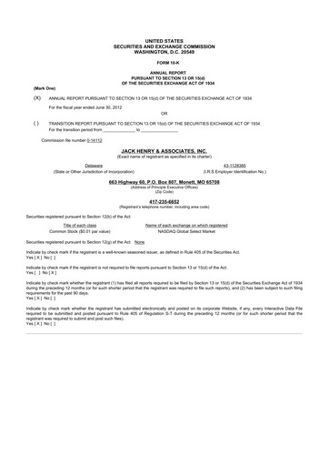 Thumbnail Jack Henry & Associates

 10-K Annual Report 2012