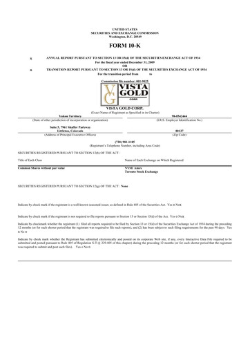 Thumbnail Vista Gold
 10-K Annual Report 