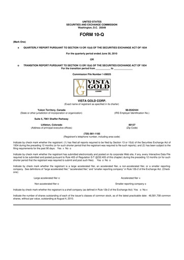Miniature Vista Gold
 10-Q Rapport trimestriel  