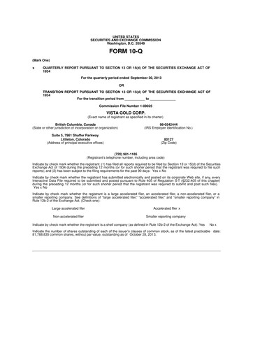 Miniature Vista Gold
 10-Q Rapport trimestriel 2013 