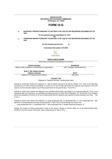 Miniature Vista Gold
 10-Q Rapport trimestriel 2015 