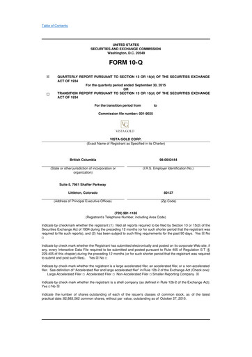 Miniature Vista Gold
 10-Q Rapport trimestriel 2015 