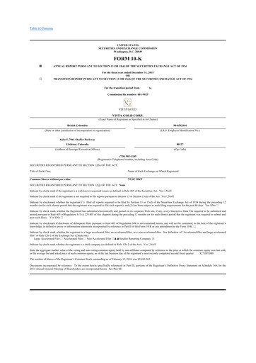 Thumbnail Vista Gold
 10-K Annual Report 2015