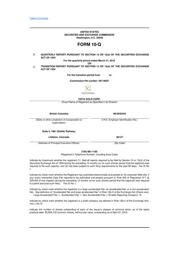 Miniature Vista Gold
 10-Q Rapport trimestriel 2016 