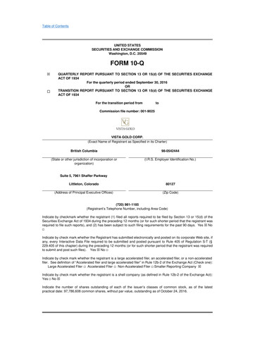 Miniature Vista Gold
 10-Q Rapport trimestriel 2016 