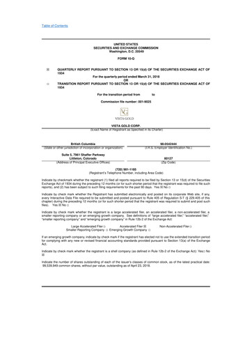 Miniature Vista Gold
 10-Q Rapport trimestriel 2018 