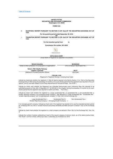 Miniature Vista Gold
 10-Q Rapport trimestriel 2018 