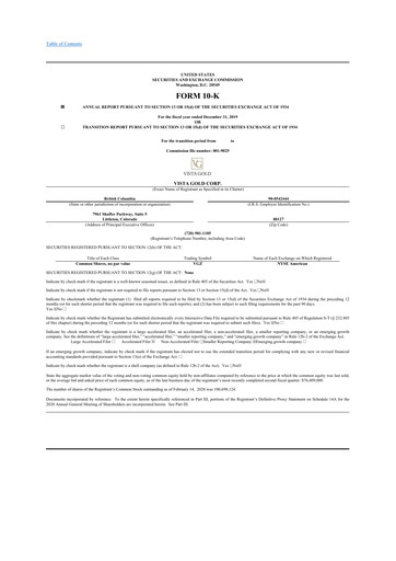 Thumbnail Vista Gold
 10-K Annual Report 2019