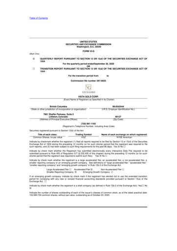 Miniature Vista Gold
 10-Q Rapport trimestriel 2020 